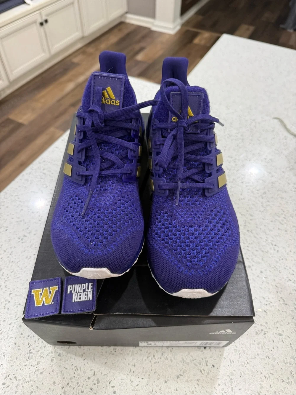 adidas Kids Purple Knit Sneakers with Gold Three Stripes